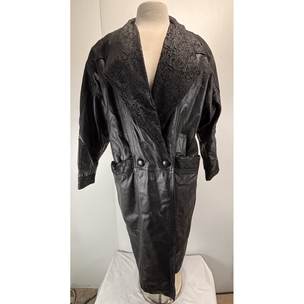 VTG 80s John Weitz Genuine Leather Long Trench Coat Black Small Petite Women's